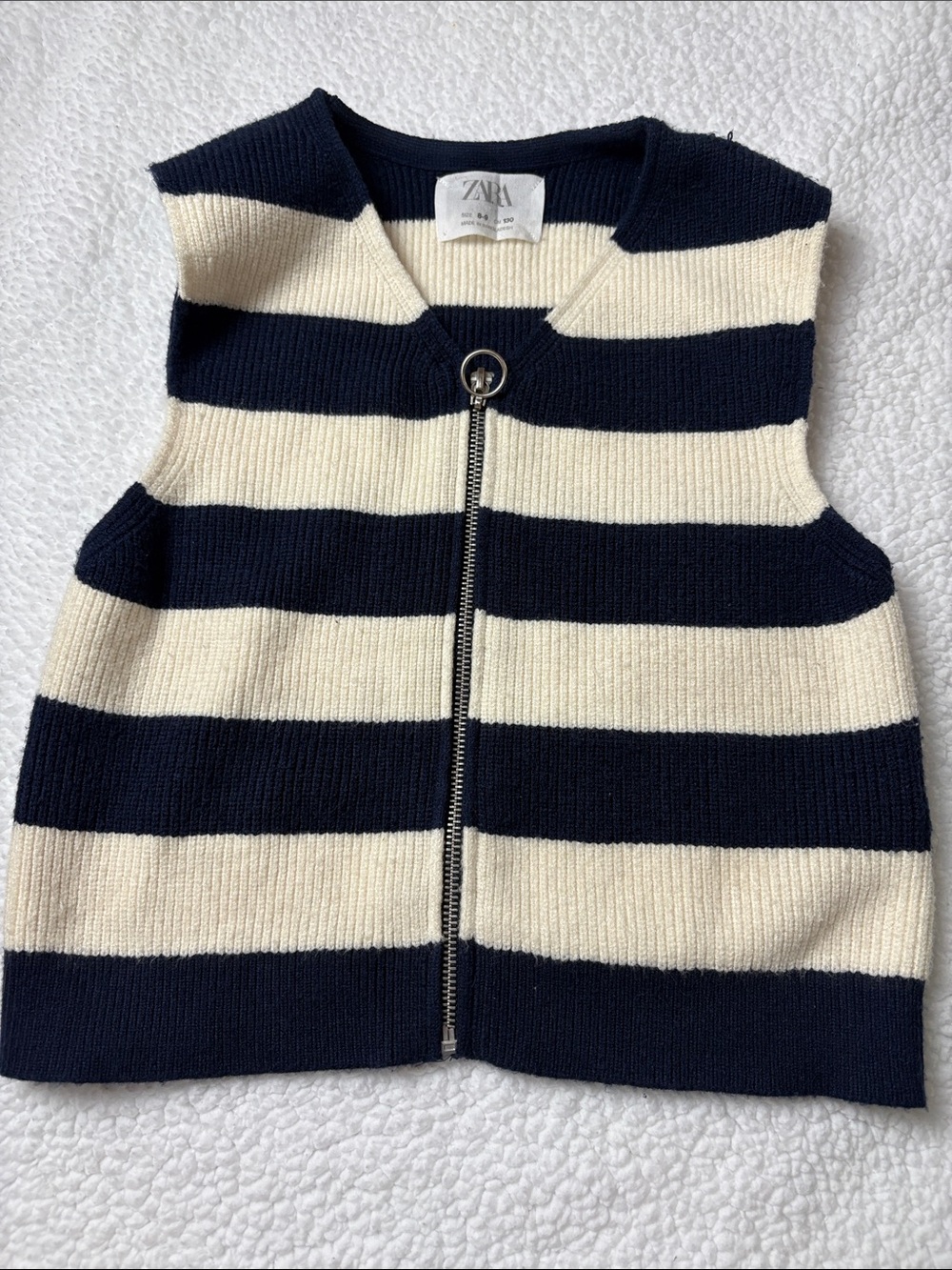 Zara Navy and Cream Striped Knit Zip Vest